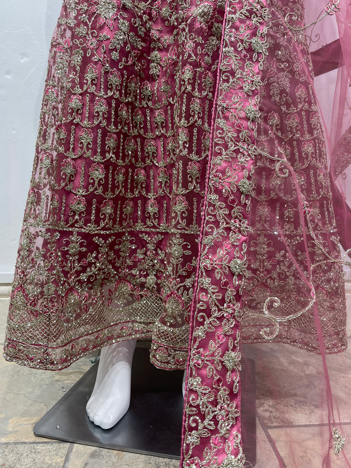 Yusra- Magenta Pink Heavy Embroidered Net Party Gown with White Gold Embroidered - 3pcs