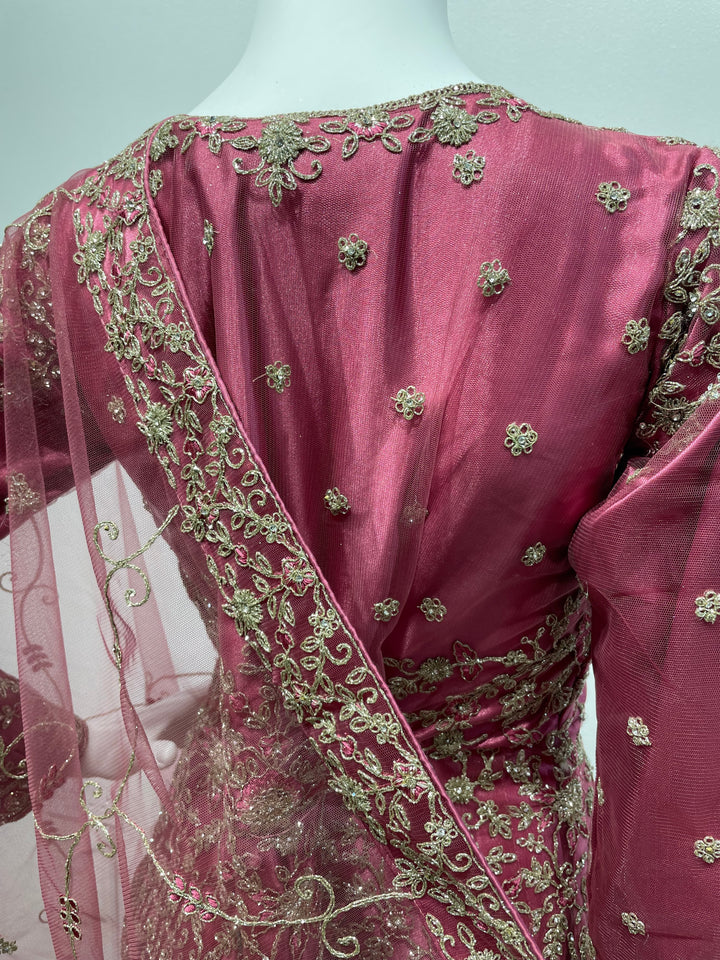 Yusra- Magenta Pink Heavy Embroidered Net Party Gown with White Gold Embroidered - 3pcs
