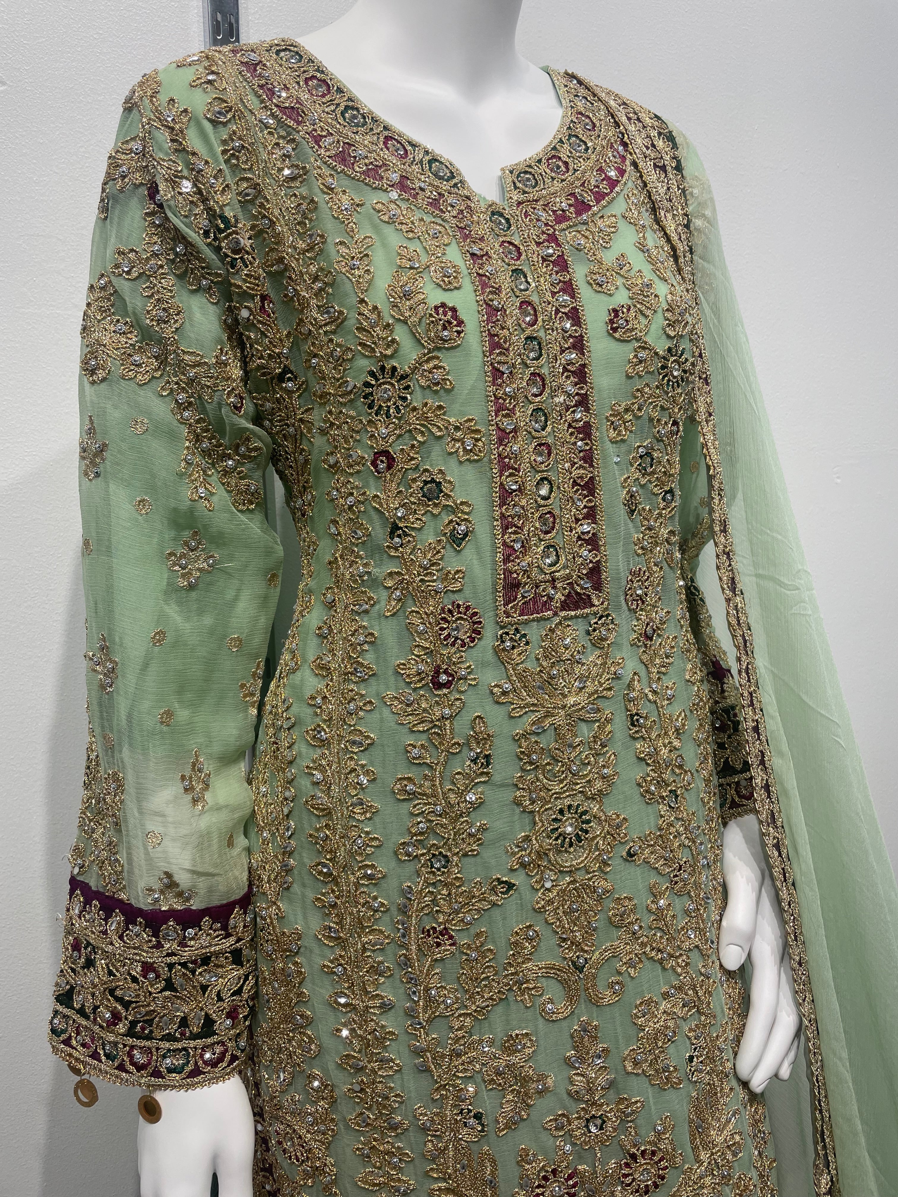 Mint Green and purple Chiffon Plazo Suit with heavy Gold Embroidery - Mother and Daughter