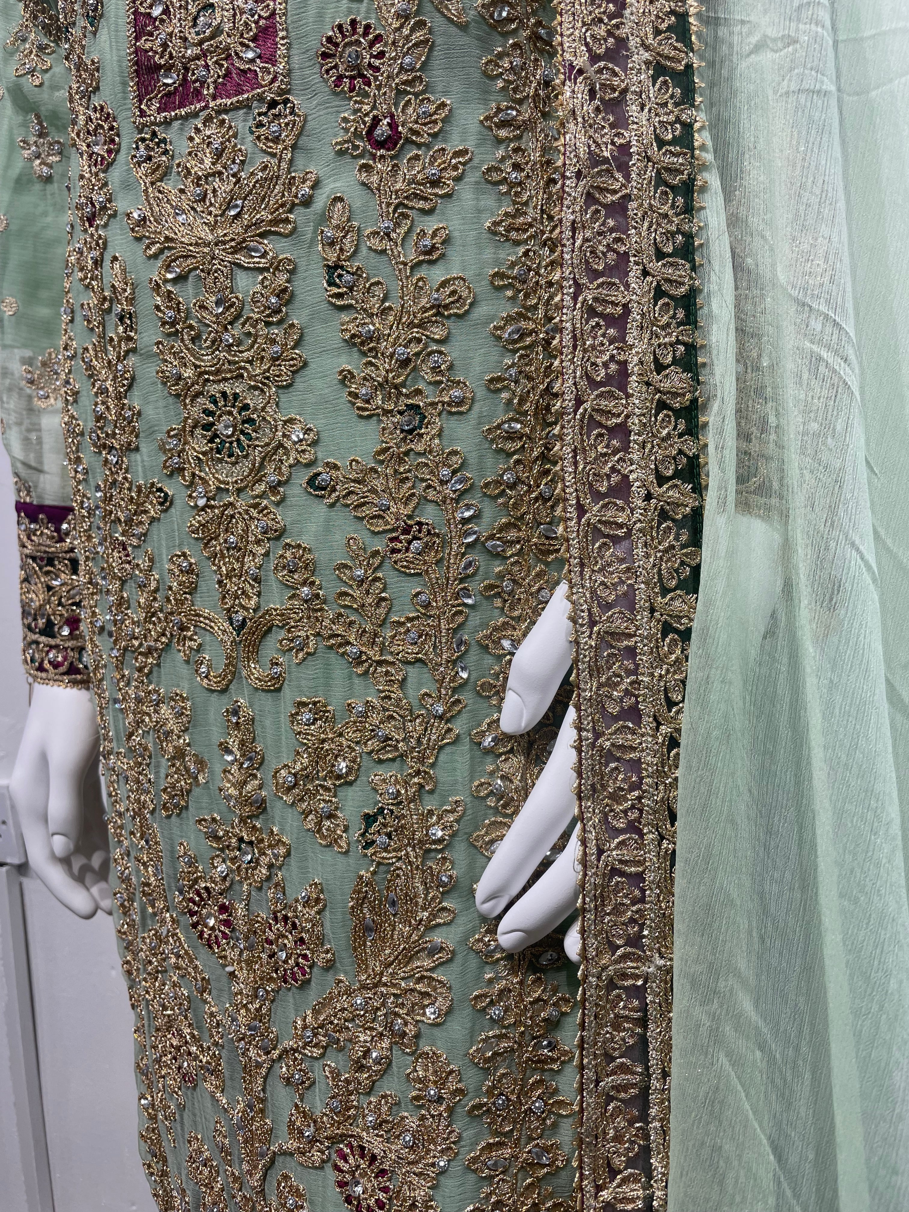 Mint Green and purple Chiffon Plazo Suit with heavy Gold Embroidery - Mother and Daughter