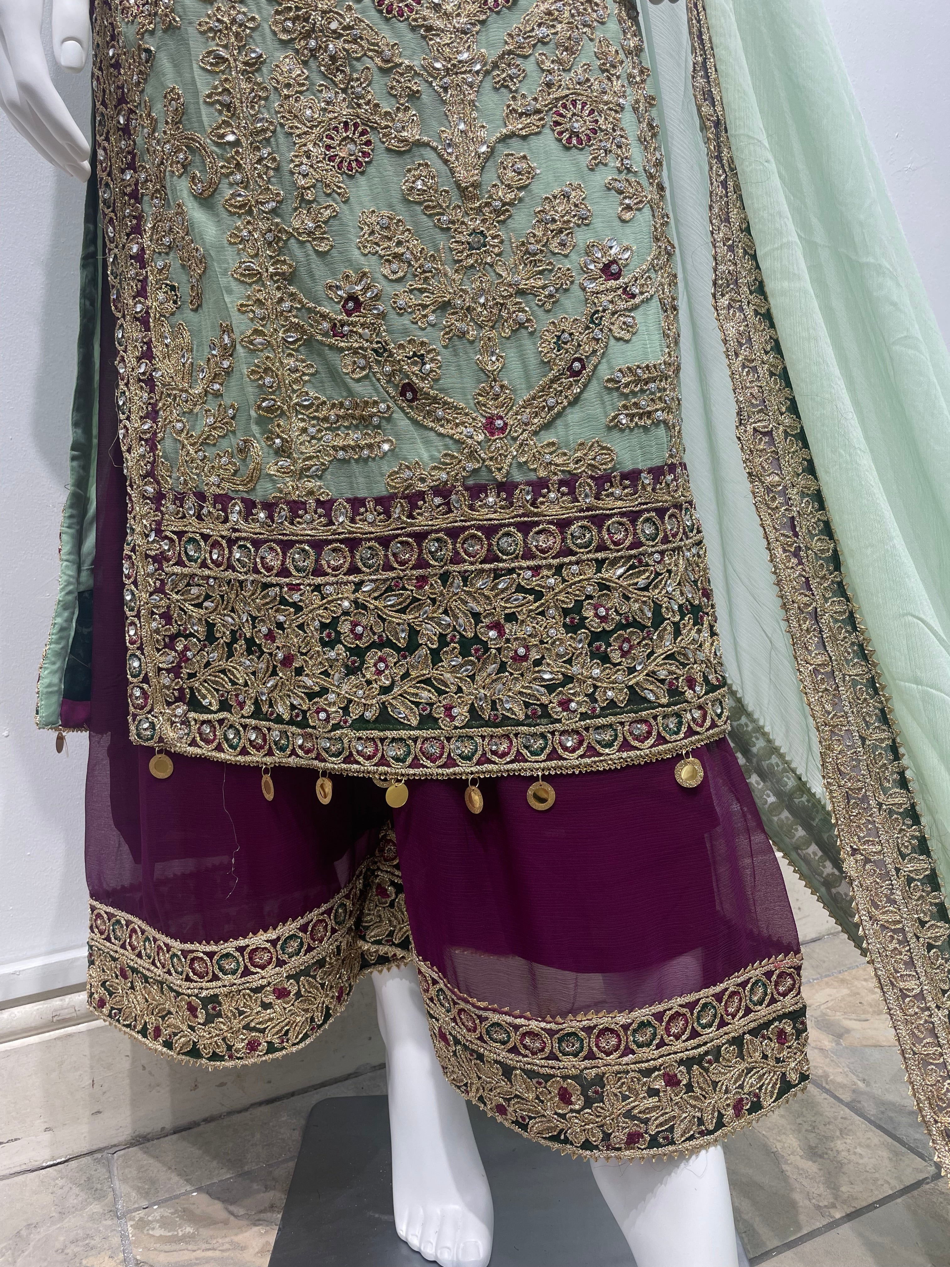 Mint Green and purple Chiffon Plazo Suit with heavy Gold Embroidery - Mother and Daughter