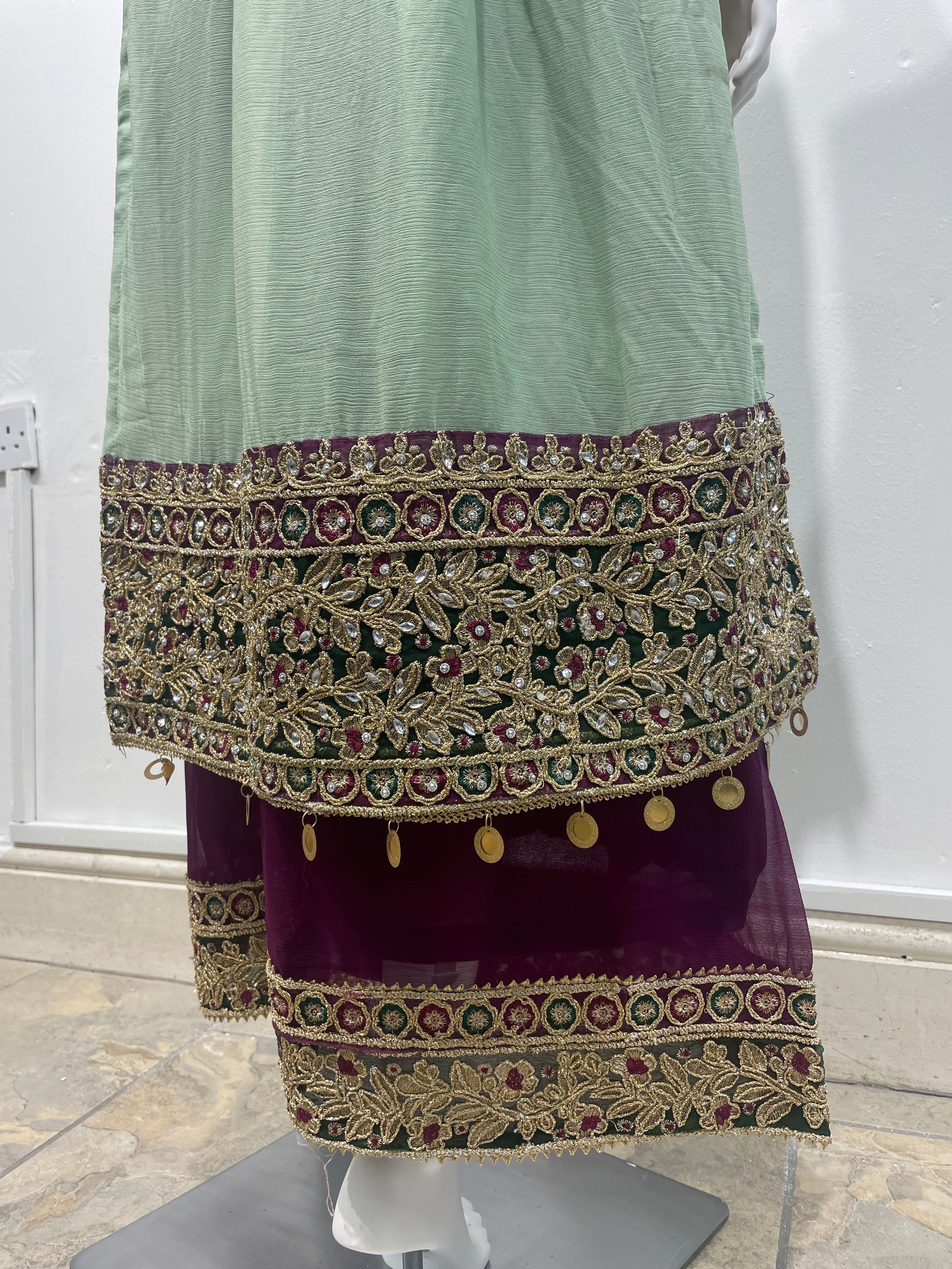 Mint Green and purple Chiffon Plazo Suit with heavy Gold Embroidery - Mother and Daughter