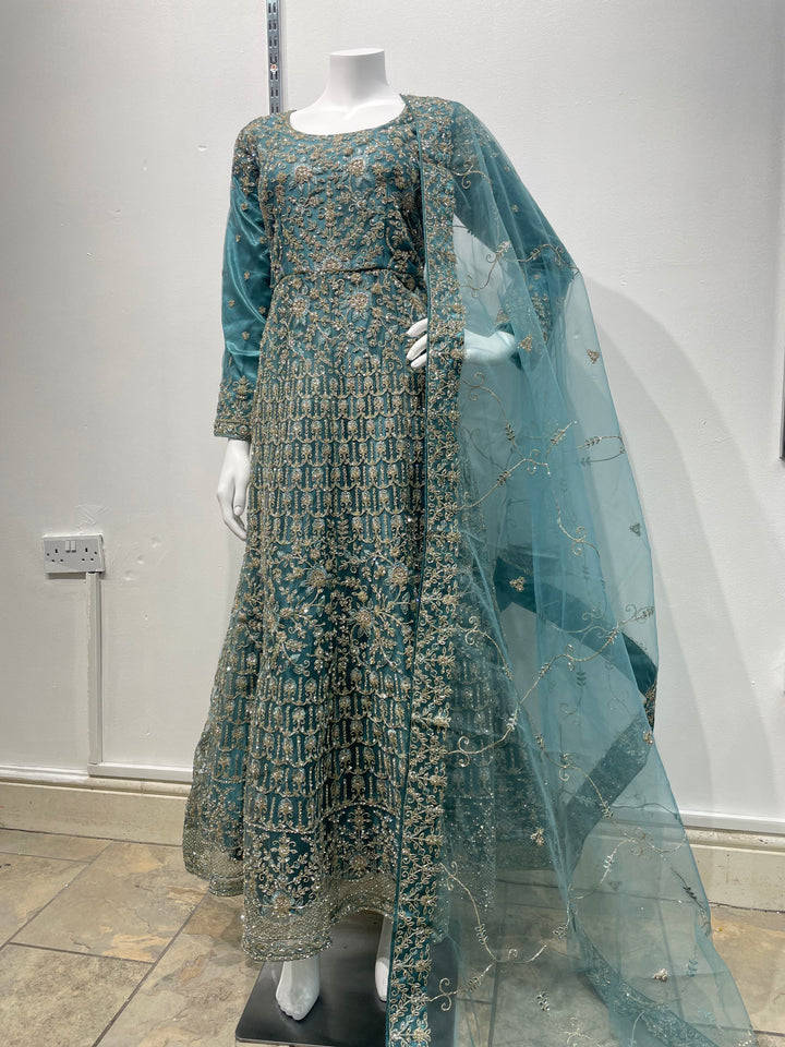 Yusra - Light Teal Heavy Embroidered Net Party Gown with White Gold Embroidered - 3pcs
