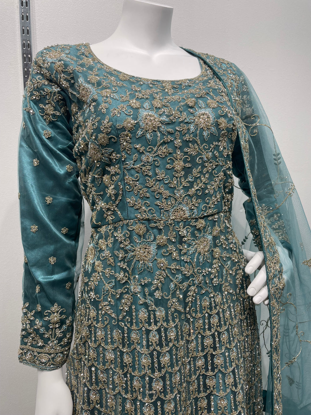 Yusra - Light Teal Heavy Embroidered Net Party Gown with White Gold Embroidered - 3pcs