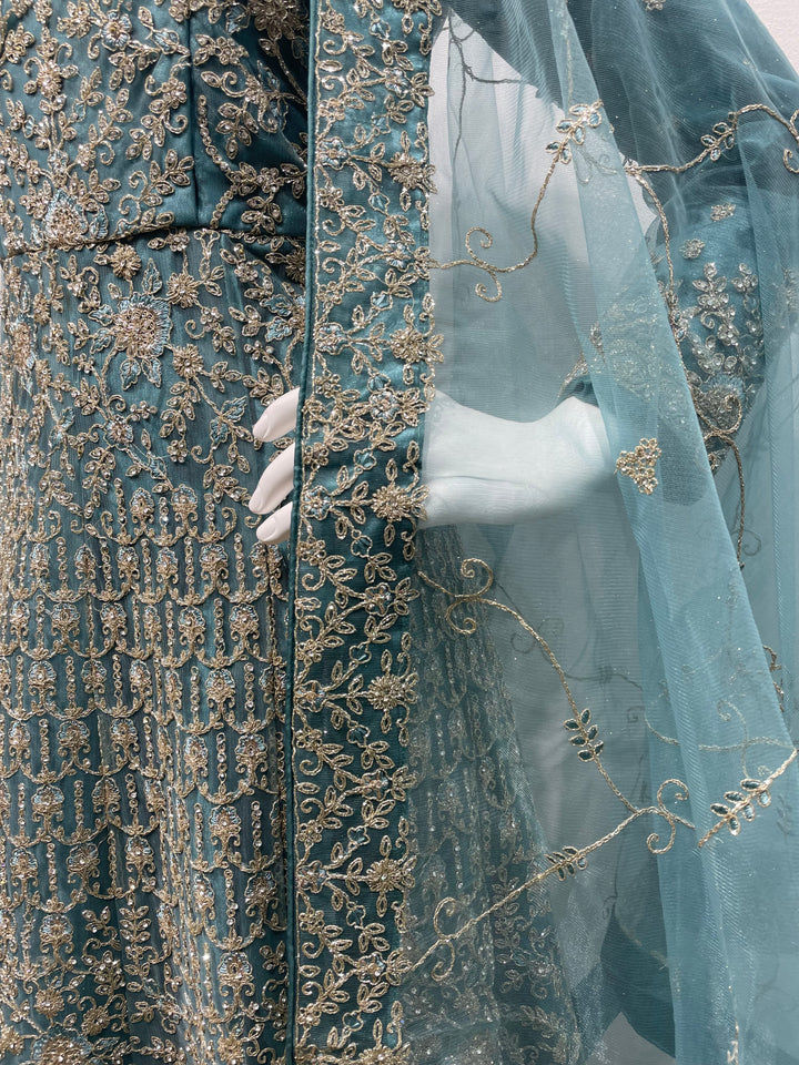 Yusra - Light Teal Heavy Embroidered Net Party Gown with White Gold Embroidered - 3pcs