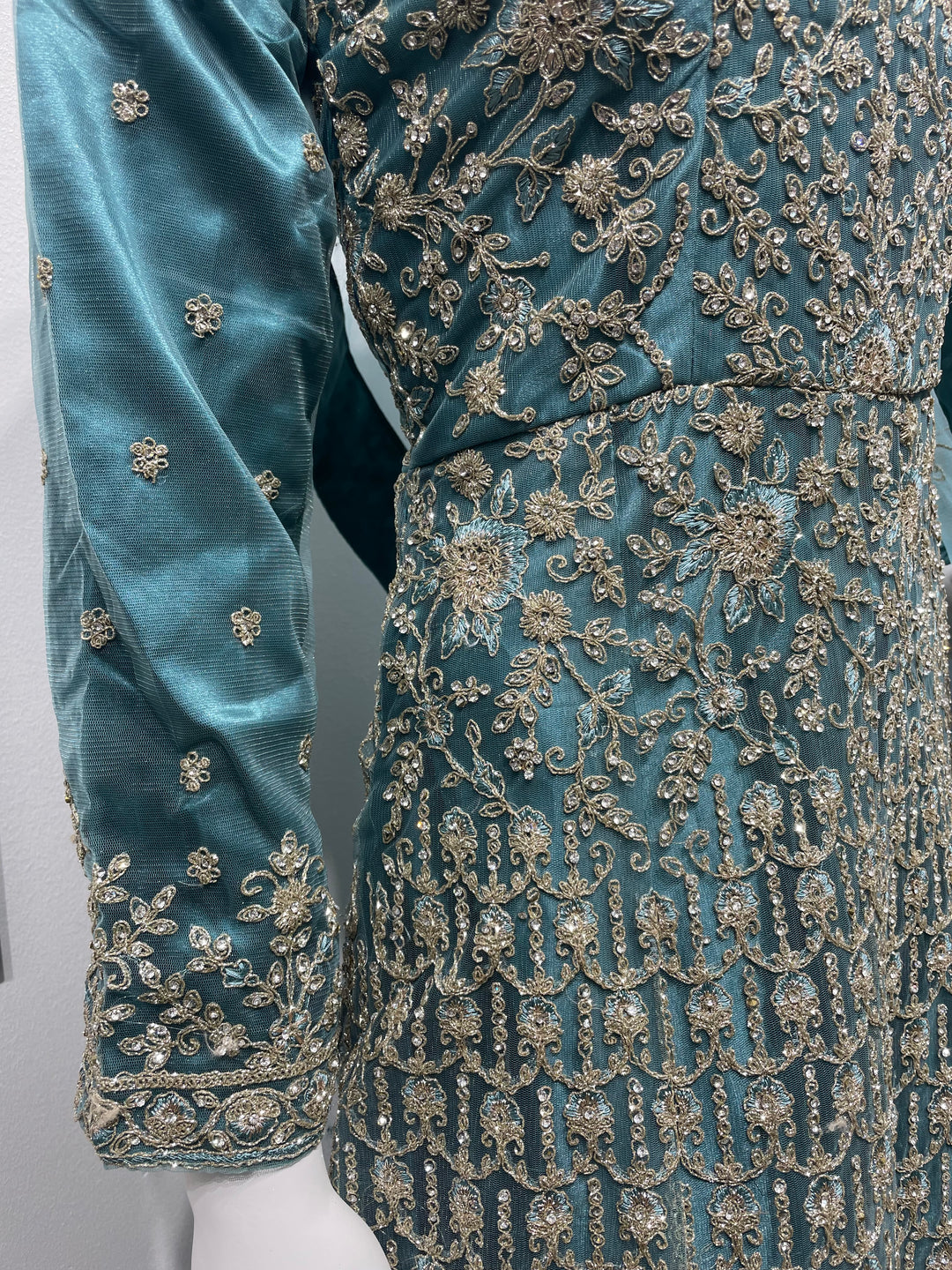 Yusra - Light Teal Heavy Embroidered Net Party Gown with White Gold Embroidered - 3pcs