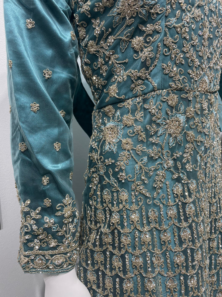 Yusra - Light Teal Heavy Embroidered Net Party Gown with White Gold Embroidered - 3pcs