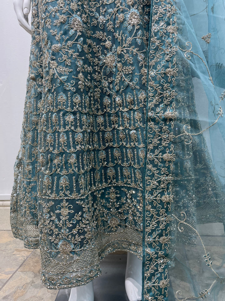 Yusra - Light Teal Heavy Embroidered Net Party Gown with White Gold Embroidered - 3pcs