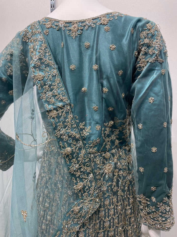 Yusra - Light Teal Heavy Embroidered Net Party Gown with White Gold Embroidered - 3pcs