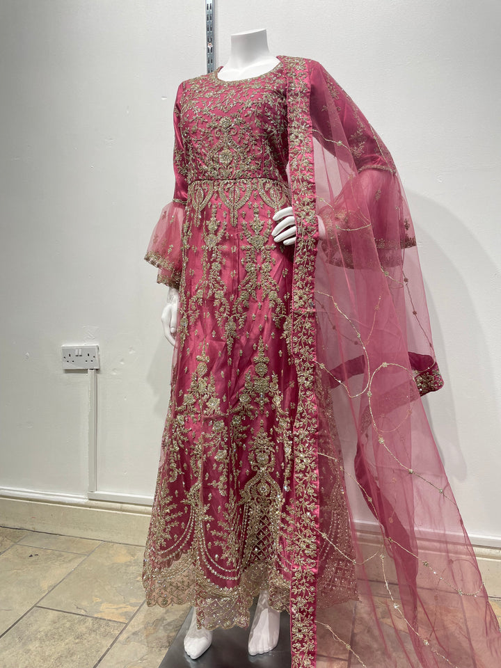 Jannah - Magenta Pink Heavy Embroidered Net Party Gown with Bell Sleeves/White Gold Embroidered - 3pcs