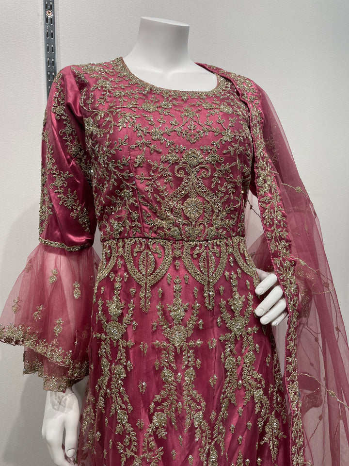 Jannah - Magenta Pink Heavy Embroidered Net Party Gown with Bell Sleeves/White Gold Embroidered - 3pcs