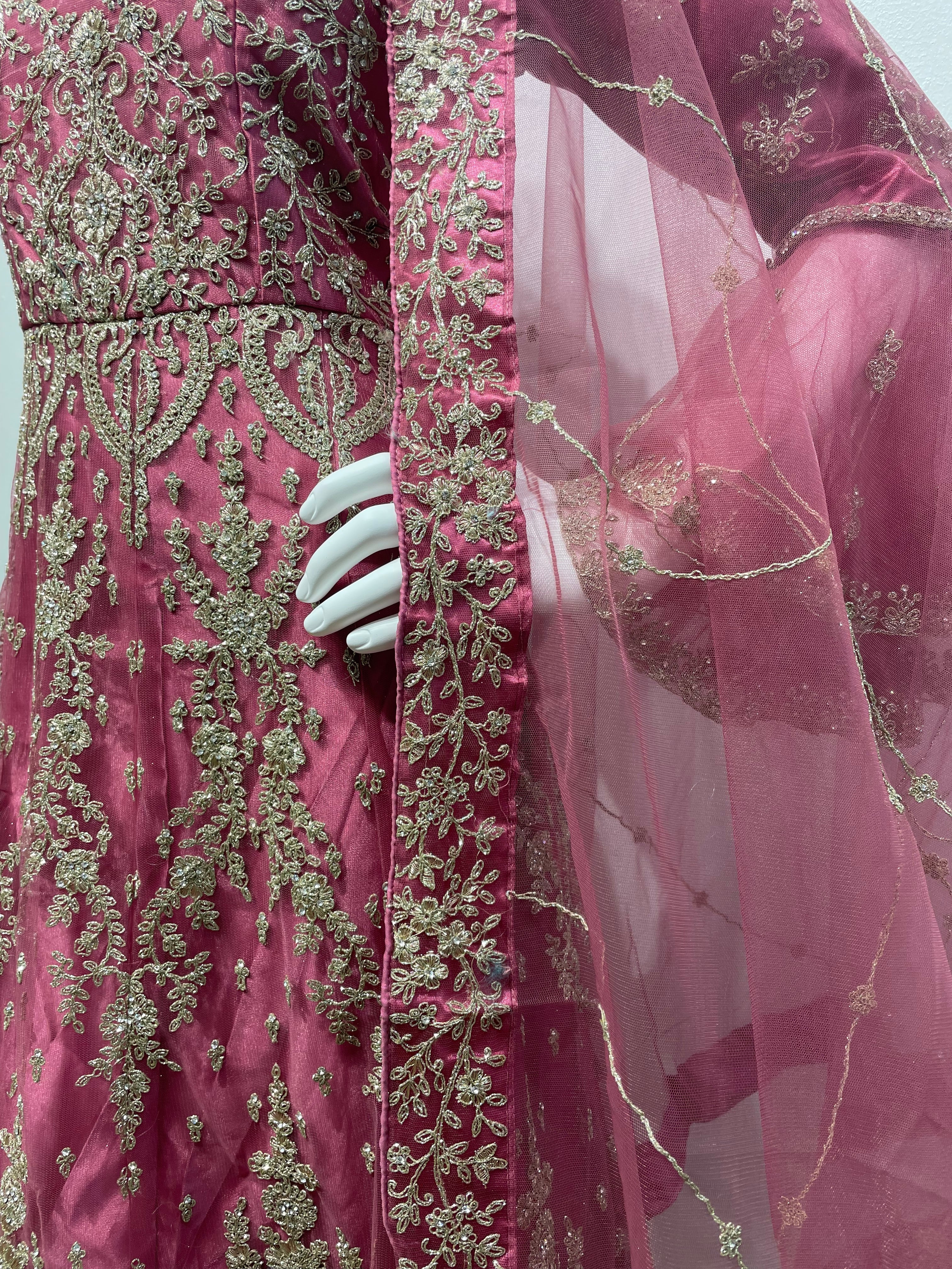 Magenta Pink Heavy Embroidered Gown with Bell Sleeve