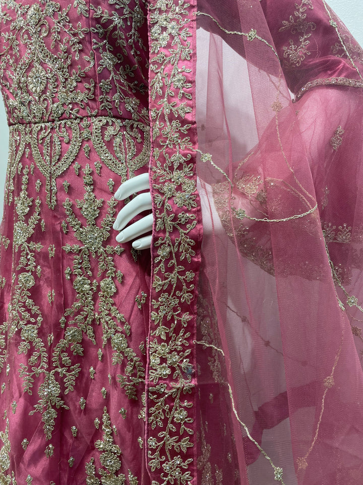 Jannah - Magenta Pink Heavy Embroidered Net Party Gown with Bell Sleeves/White Gold Embroidered - 3pcs