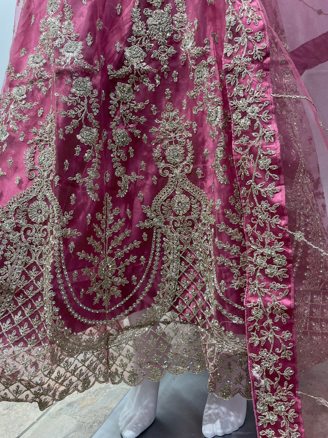Jannah - Magenta Pink Heavy Embroidered Net Party Gown with Bell Sleeves/White Gold Embroidered - 3pcs