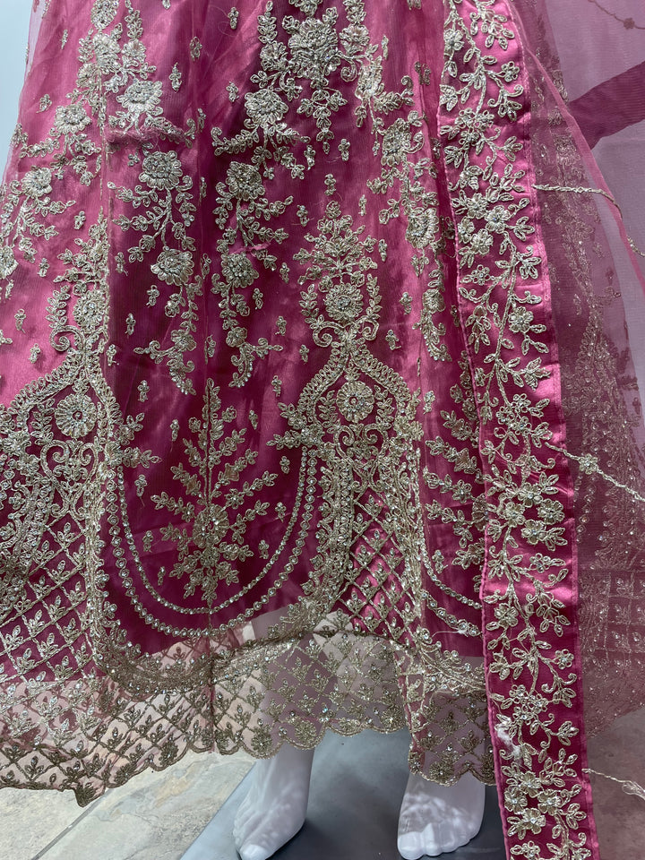 Jannah - Magenta Pink Heavy Embroidered Net Party Gown with Bell Sleeves/White Gold Embroidered - 3pcs