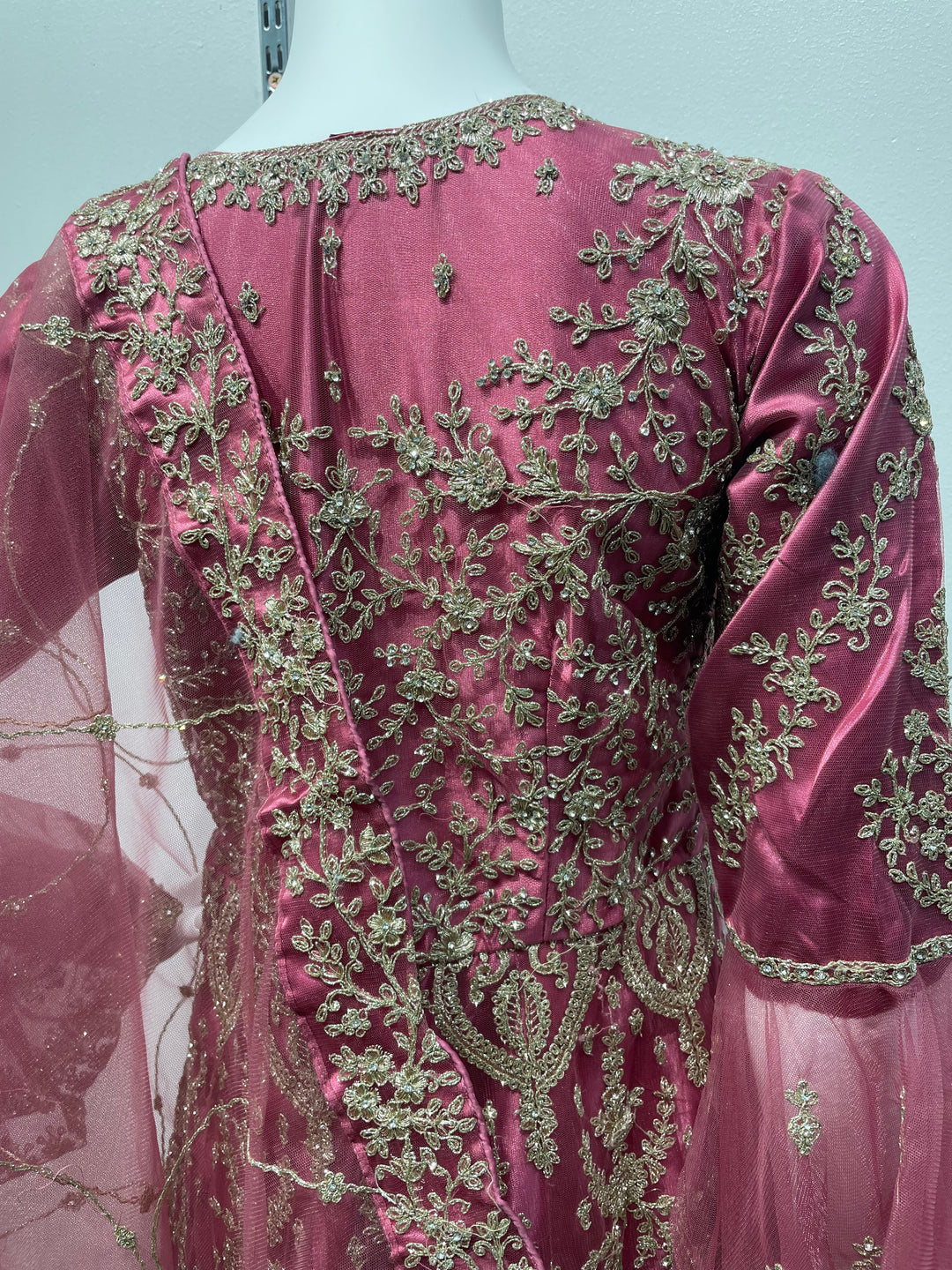 Jannah - Magenta Pink Heavy Embroidered Net Party Gown with Bell Sleeves/White Gold Embroidered - 3pcs