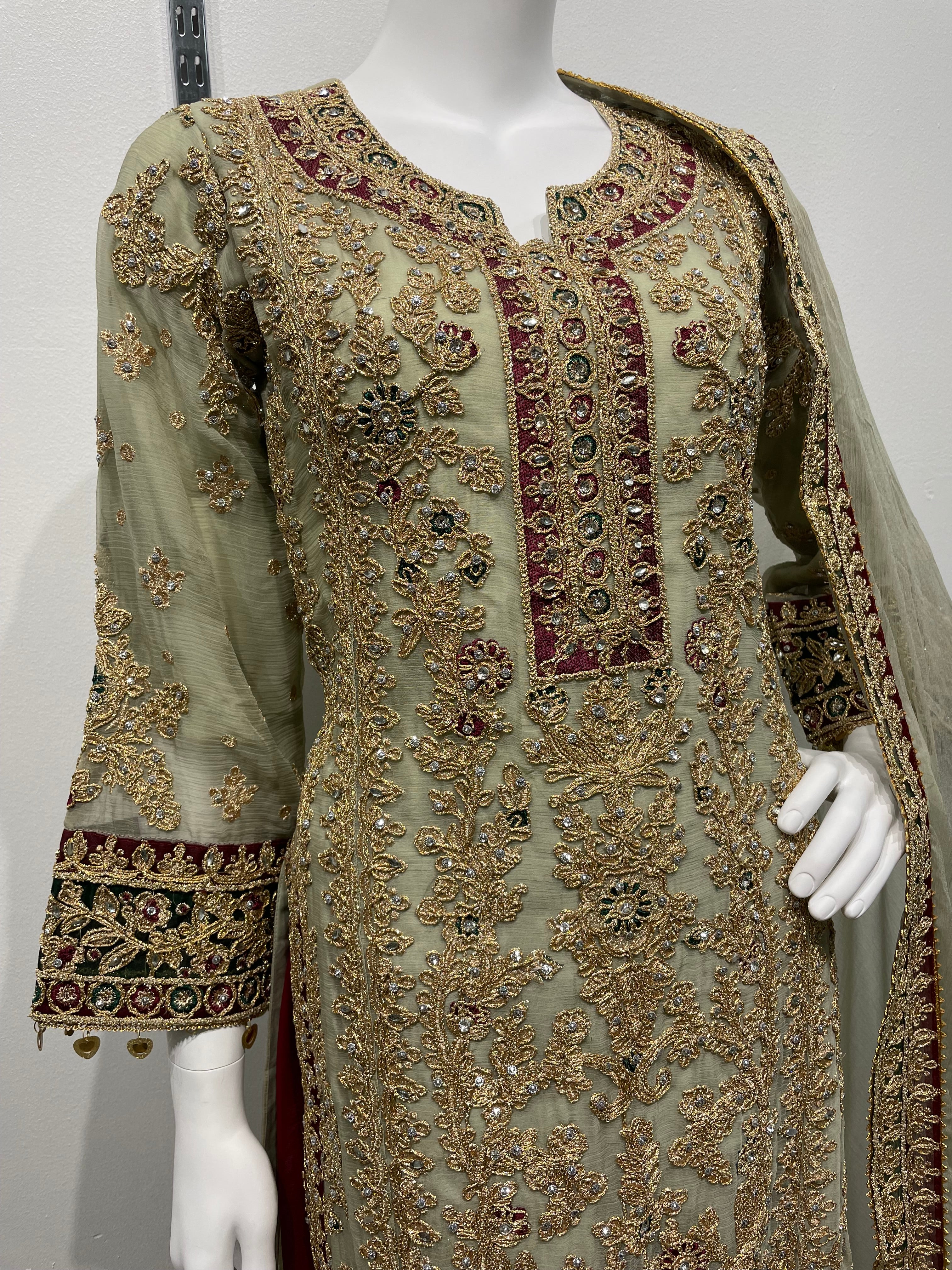 Khaki Green and Maroon Chiffon Plazo Suit with heavy Gold Embroidery - Mother and Daughter