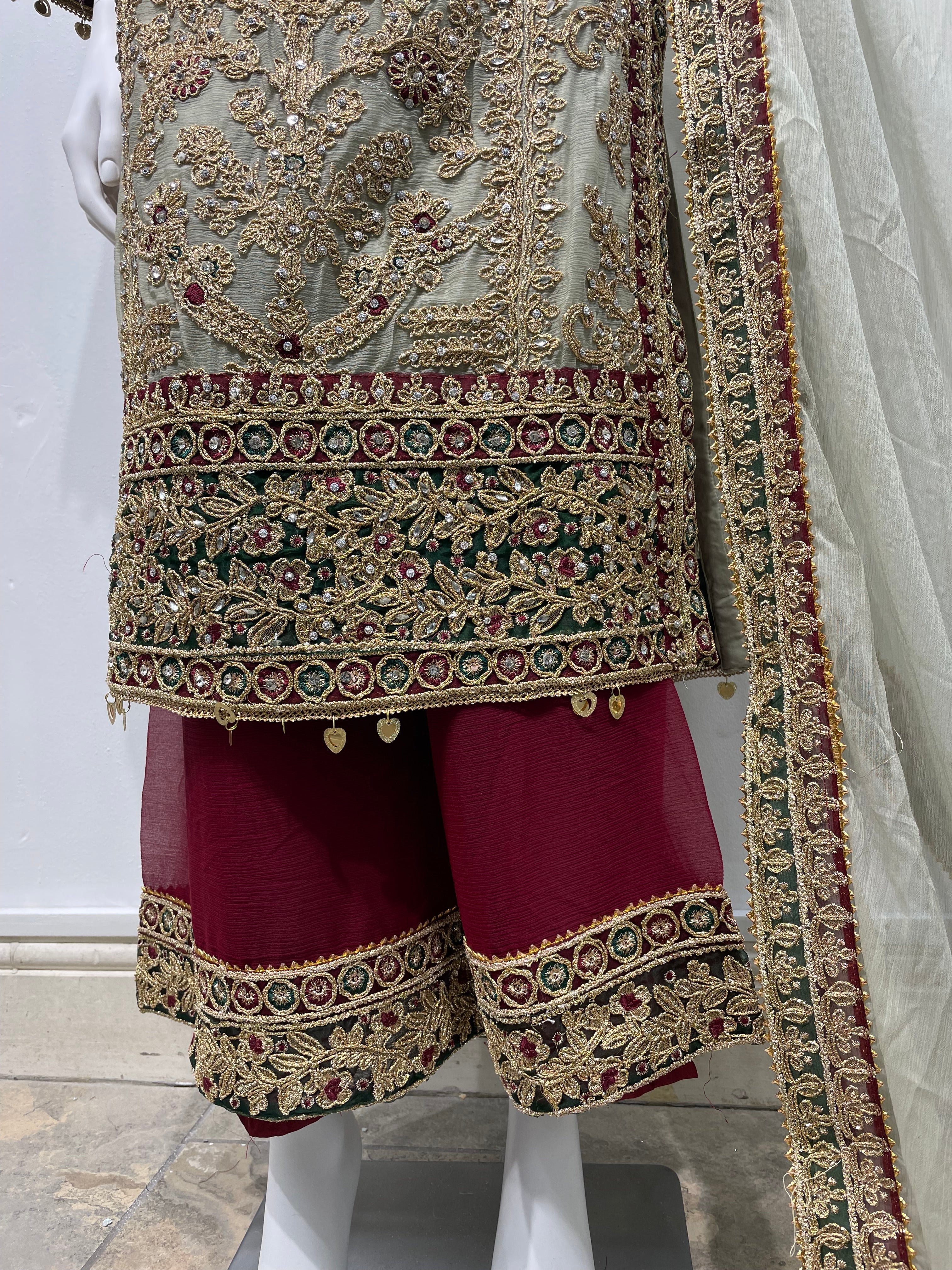 Khaki Green and Maroon Chiffon Plazo Suit with heavy Gold Embroidery - Mother and Daughter