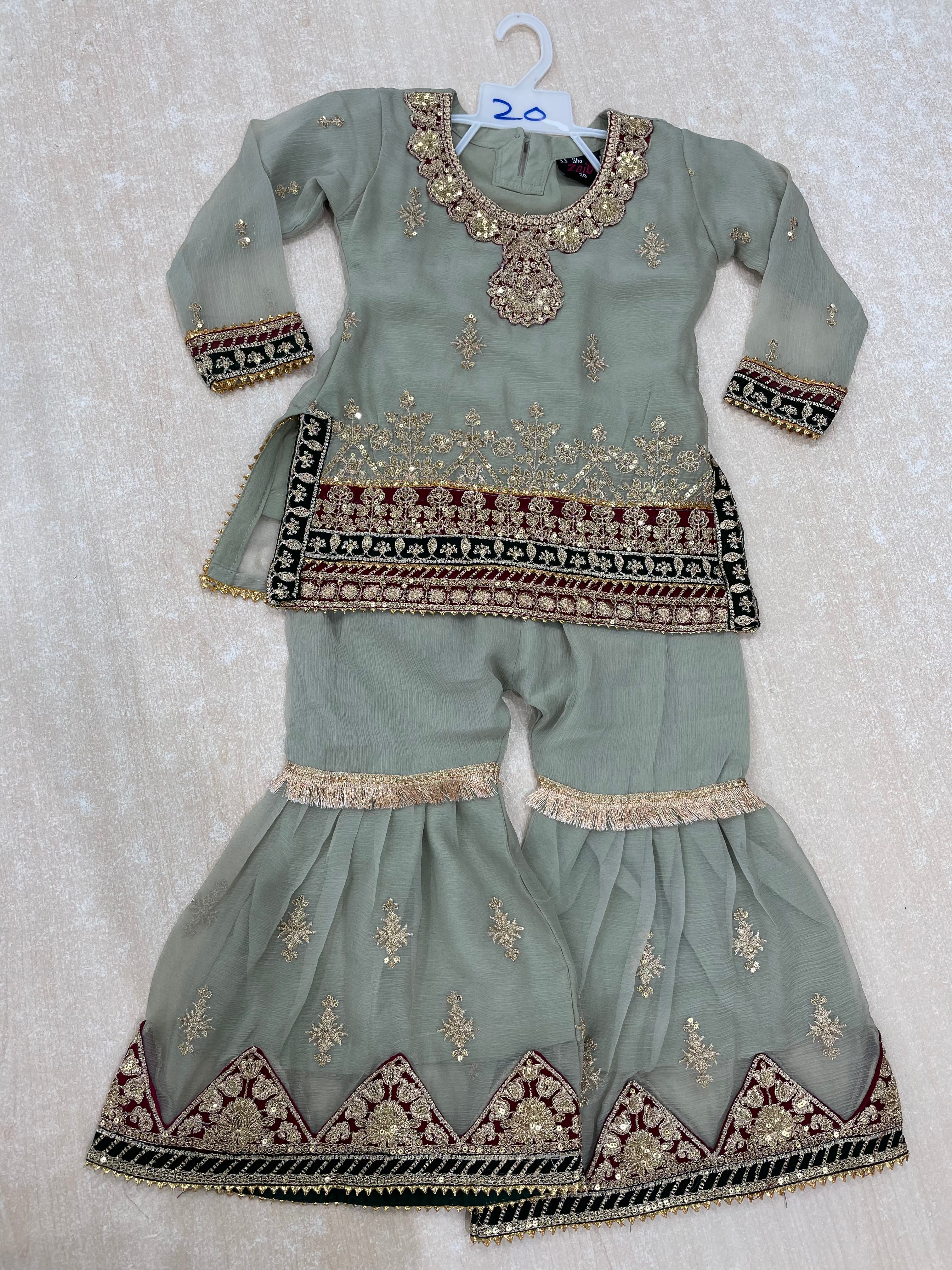 Kids Khaki Green Chiffon Shararah - Gold Embroidery - 3Pc