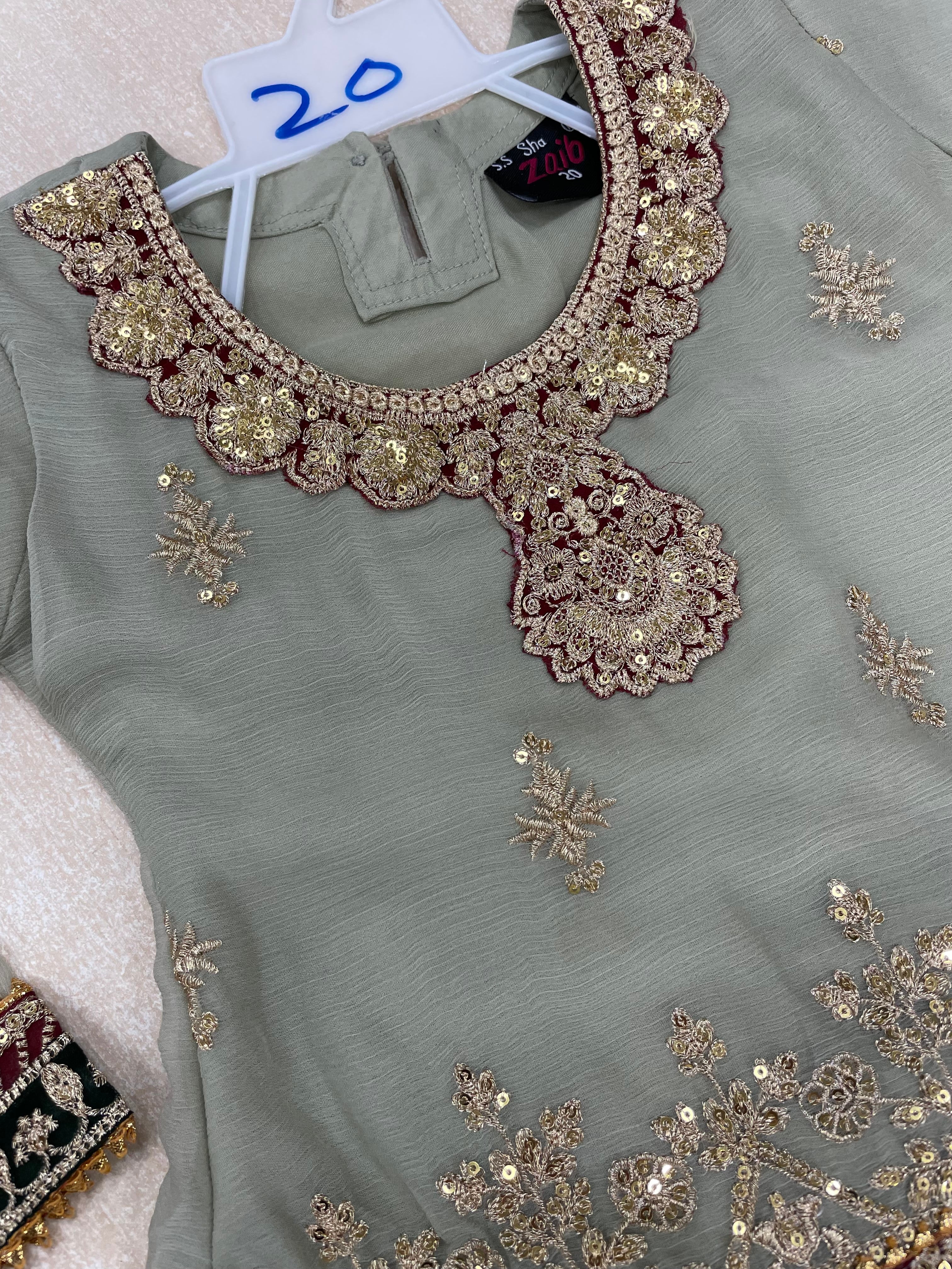 Kids Khaki Green Chiffon Shararah - Gold Embroidery - 3Pc