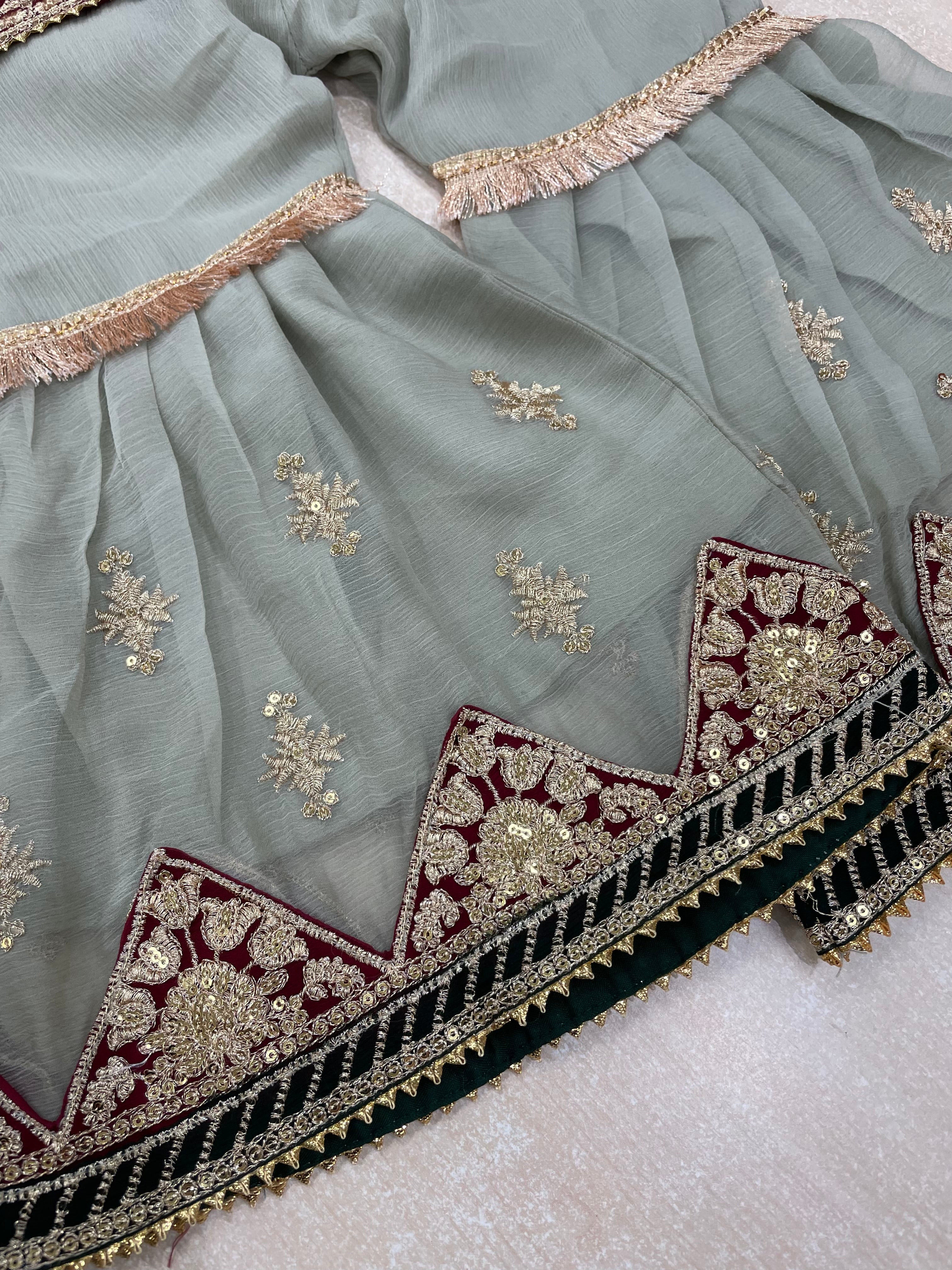 Kids Khaki Green Chiffon Shararah - Gold Embroidery - 3Pc