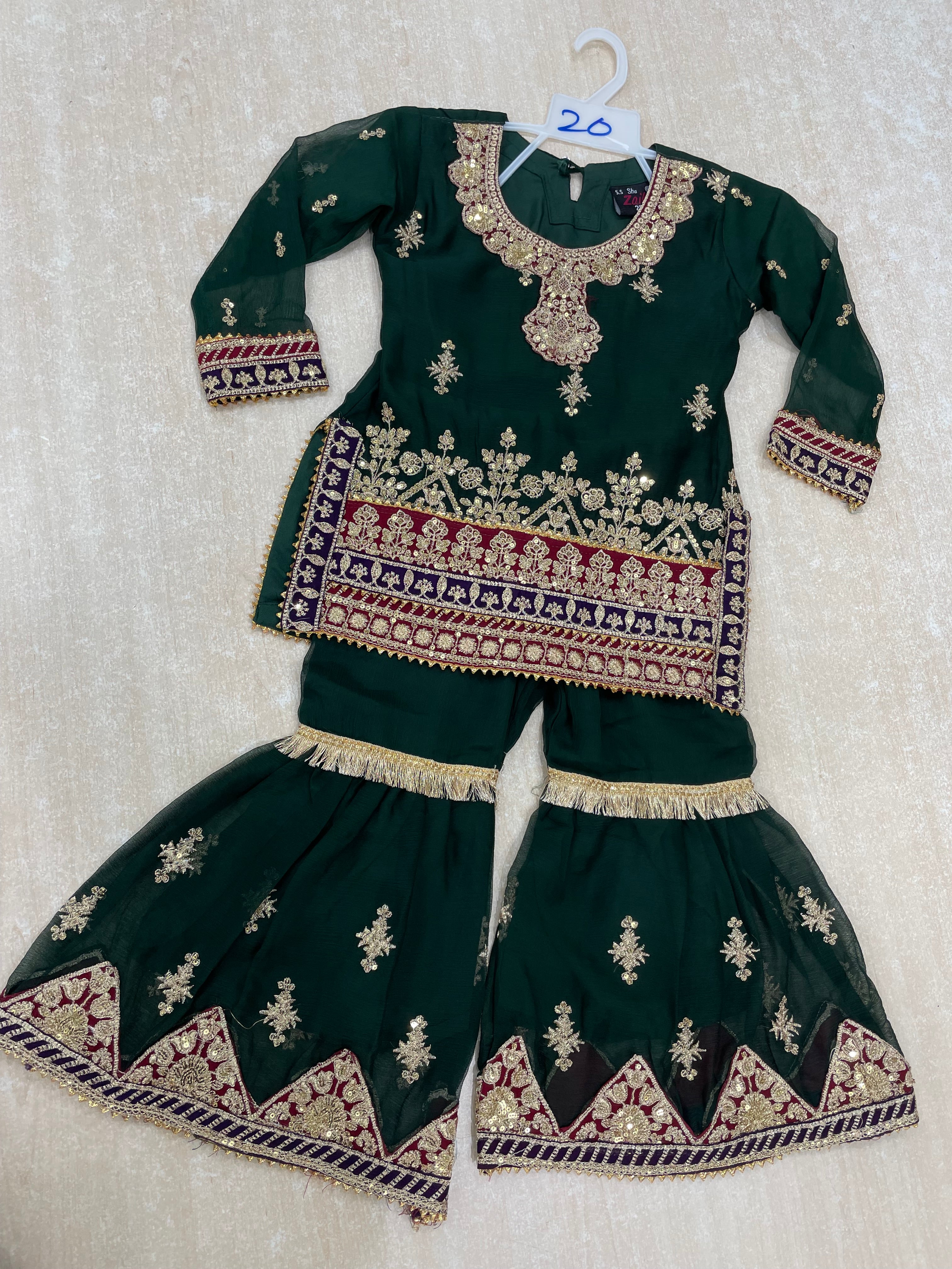 Kids Dark Green Chiffon Shararah - Gold Embroidery - 3Pc