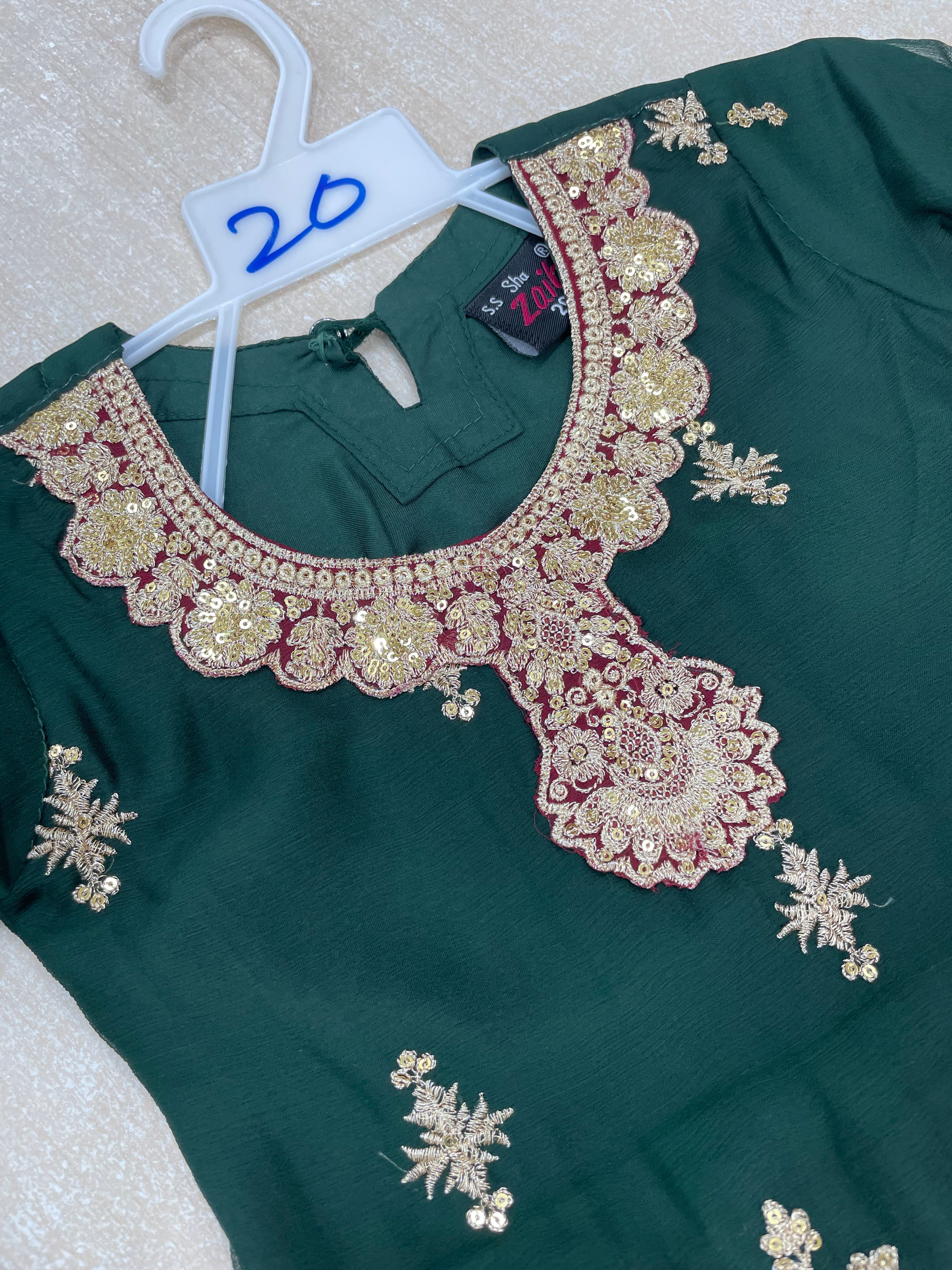 Kids Dark Green Chiffon Shararah - Gold Embroidery - 3Pc