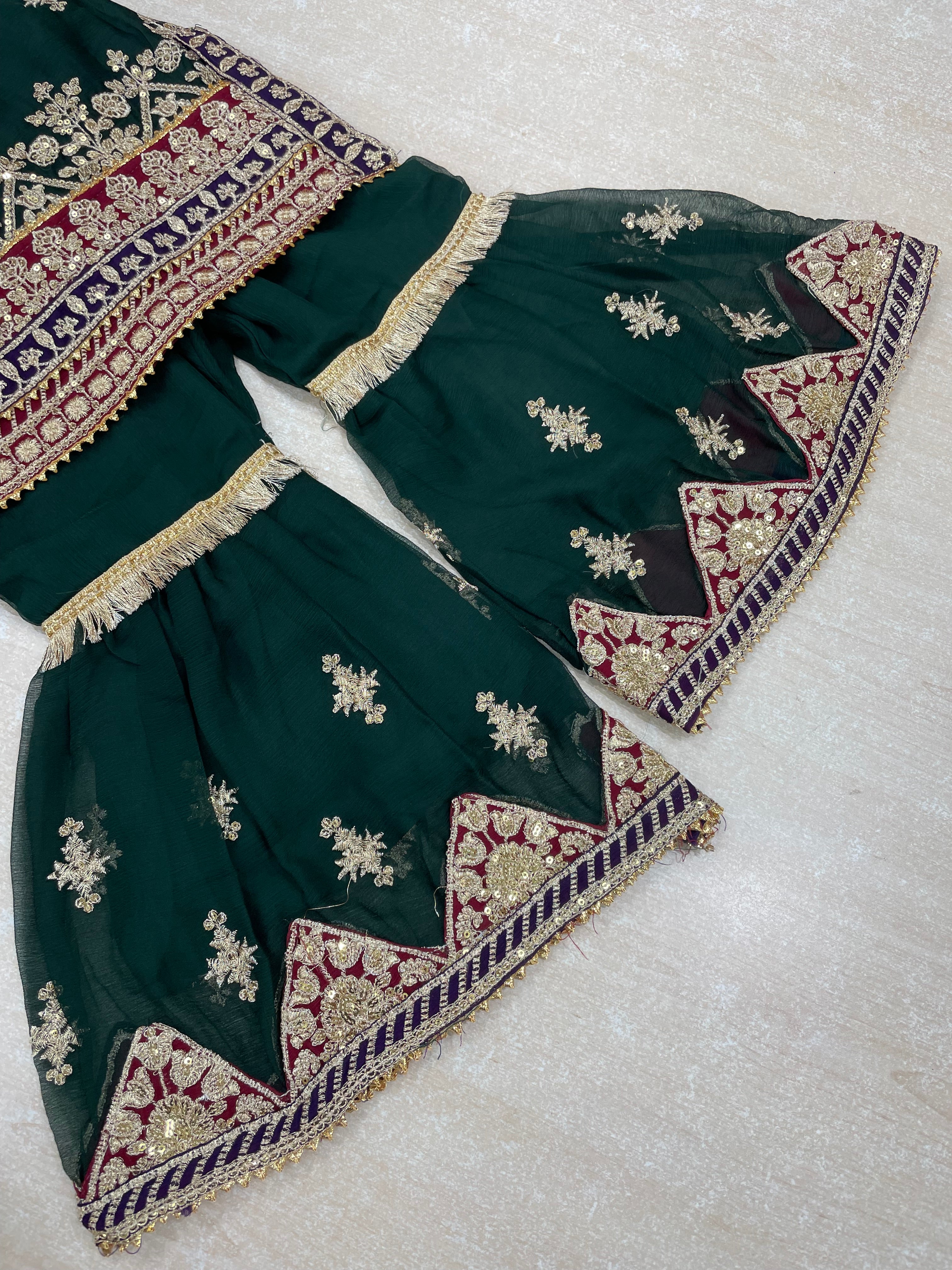 Kids Dark Green Chiffon Shararah - Gold Embroidery - 3Pc