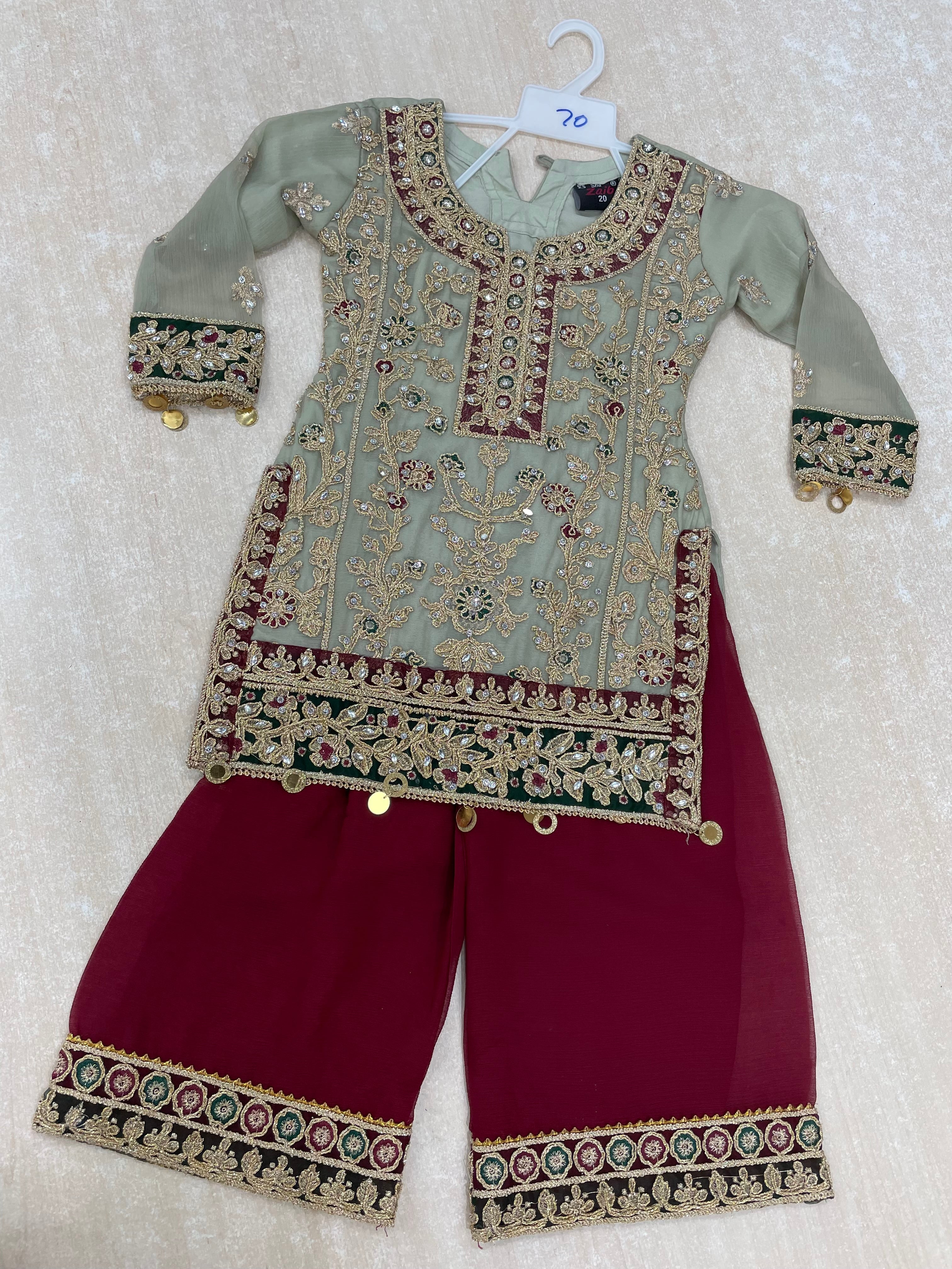 Khaki Green and Maroon Chiffon Plazo Suit with heavy Gold Embroidery - Mother and Daughter