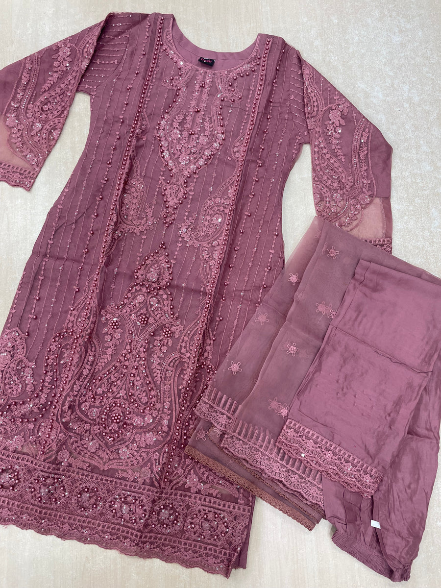 Dusty Pink Pearl Studded Organza Shalwar Kameez – IBT FASHION LTD