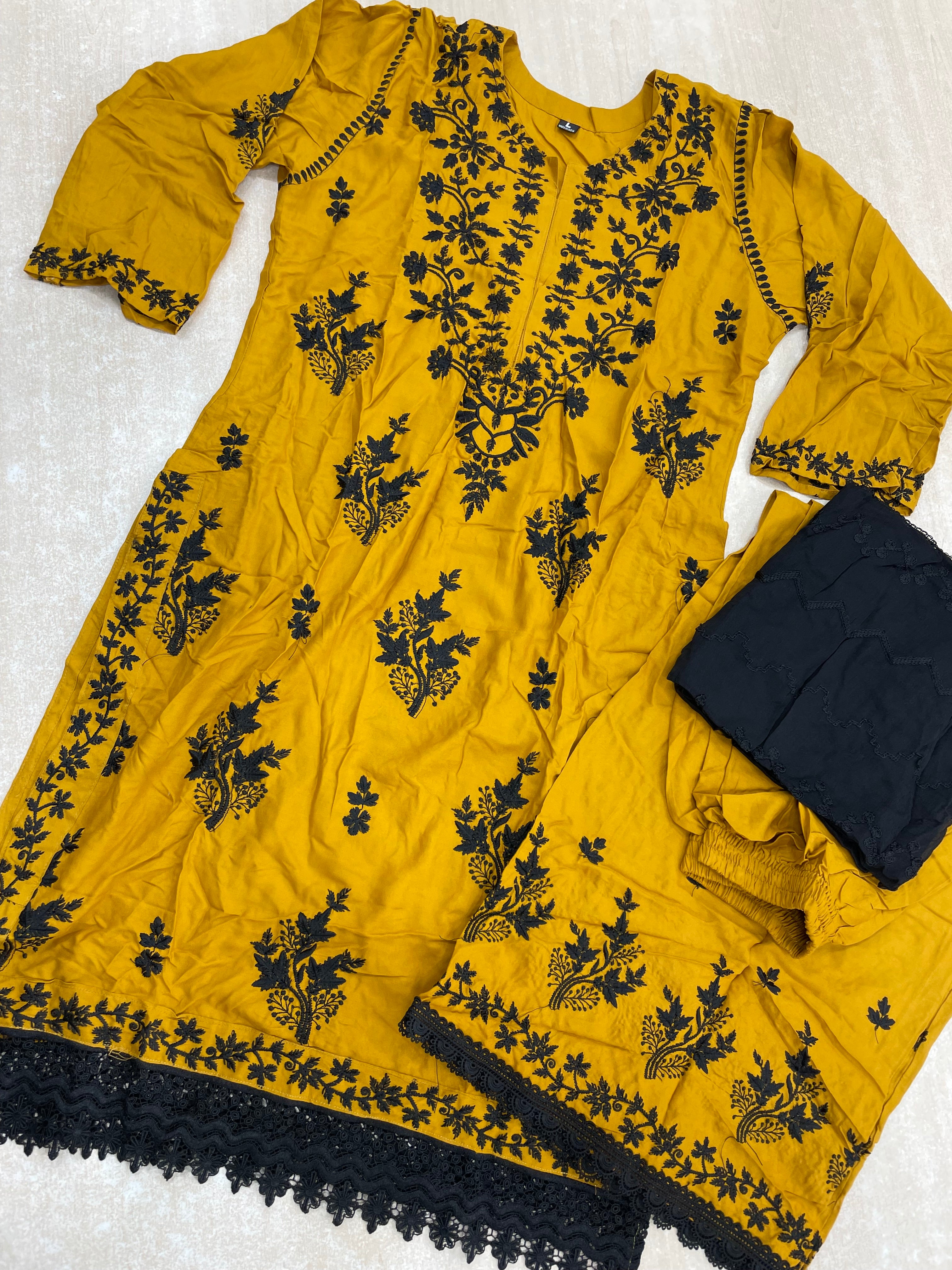 Mustard Shalwar Kameez with Platzo Trousers - Black Embroidery