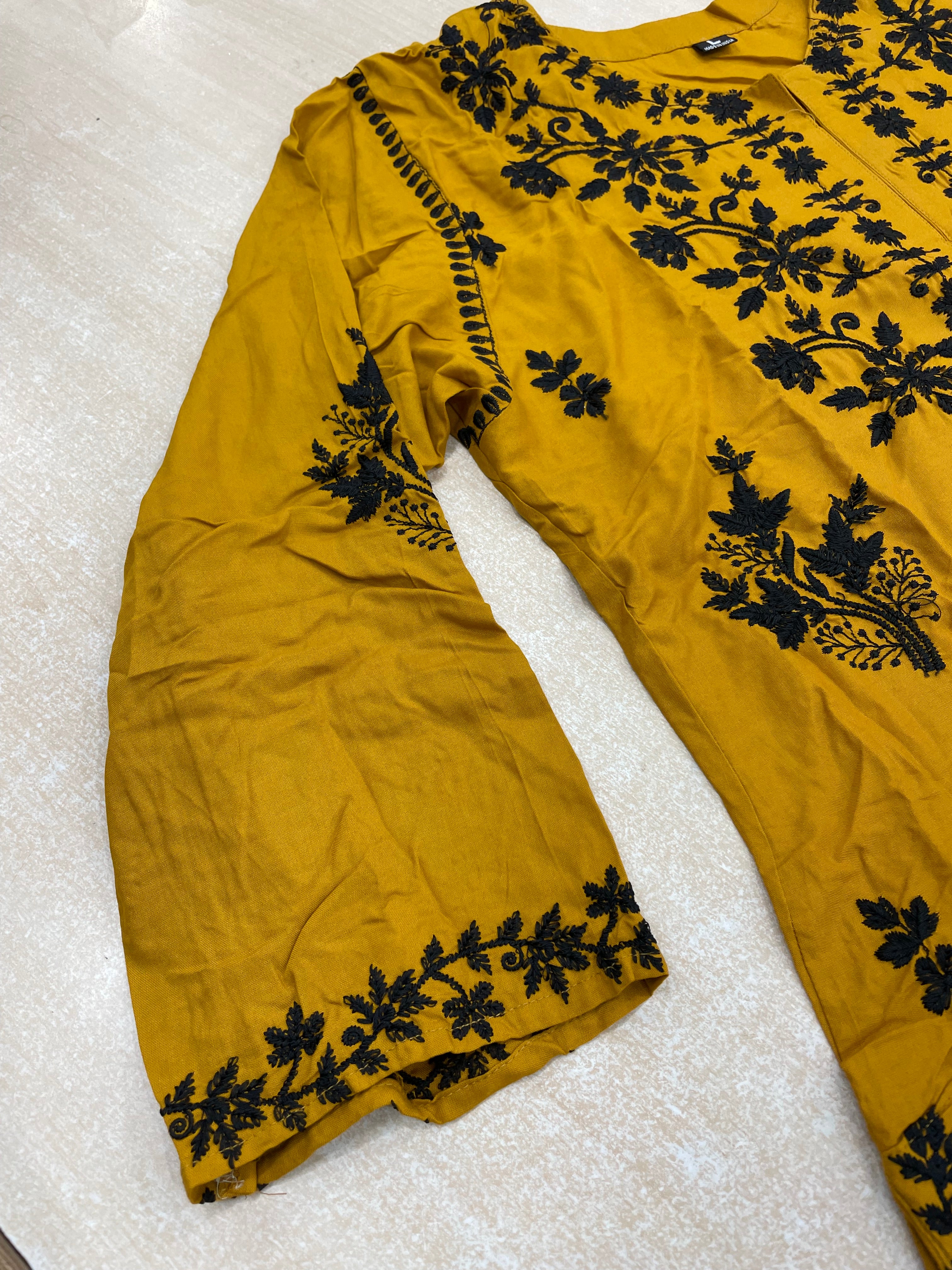 Mustard Shalwar Kameez with Platzo Trousers - Black Embroidery