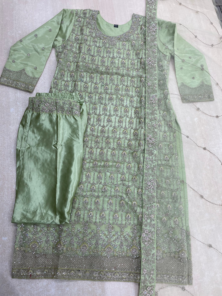 Areesha – Pistachio Green Net Embroidered Shalwar Kameez with Satin Trousers – 3 Pcs