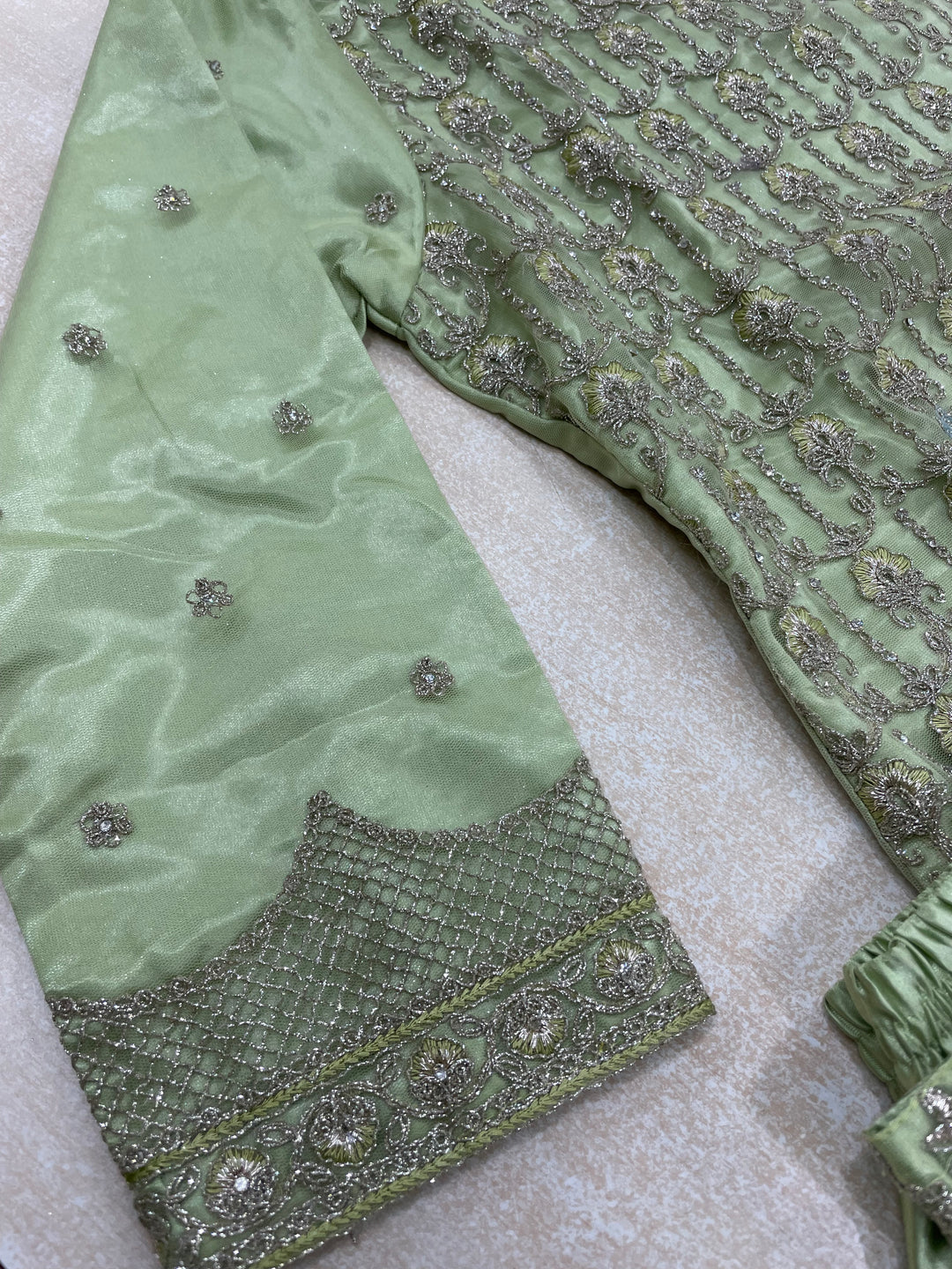 Areesha – Pistachio Green Net Embroidered Shalwar Kameez with Satin Trousers – 3 Pcs