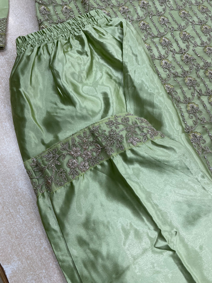 Areesha – Pistachio Green Net Embroidered Shalwar Kameez with Satin Trousers – 3 Pcs