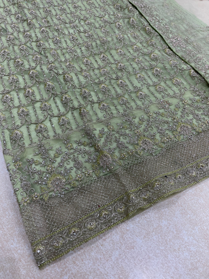 Areesha – Pistachio Green Net Embroidered Shalwar Kameez with Satin Trousers – 3 Pcs