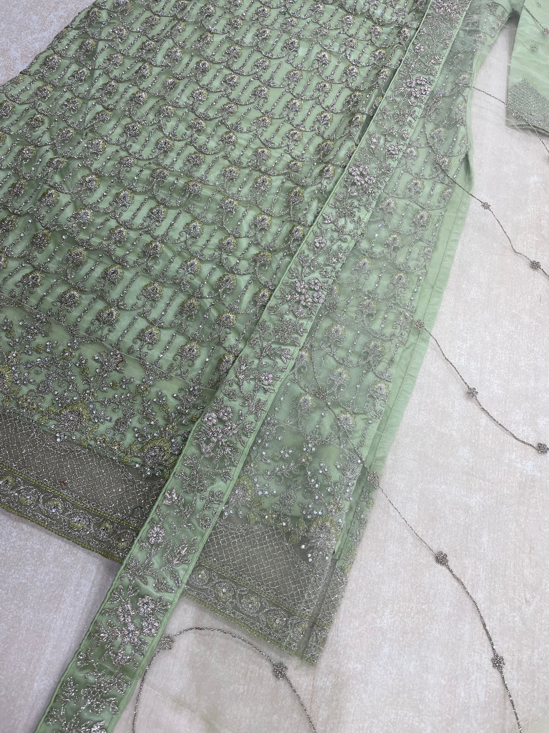 Areesha – Pistachio Green Net Embroidered Shalwar Kameez with Satin Trousers – 3 Pcs