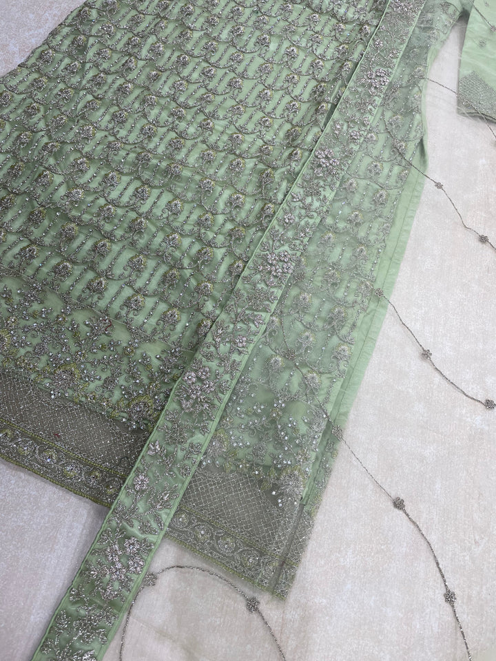 Areesha – Pistachio Green Net Embroidered Shalwar Kameez with Satin Trousers – 3 Pcs