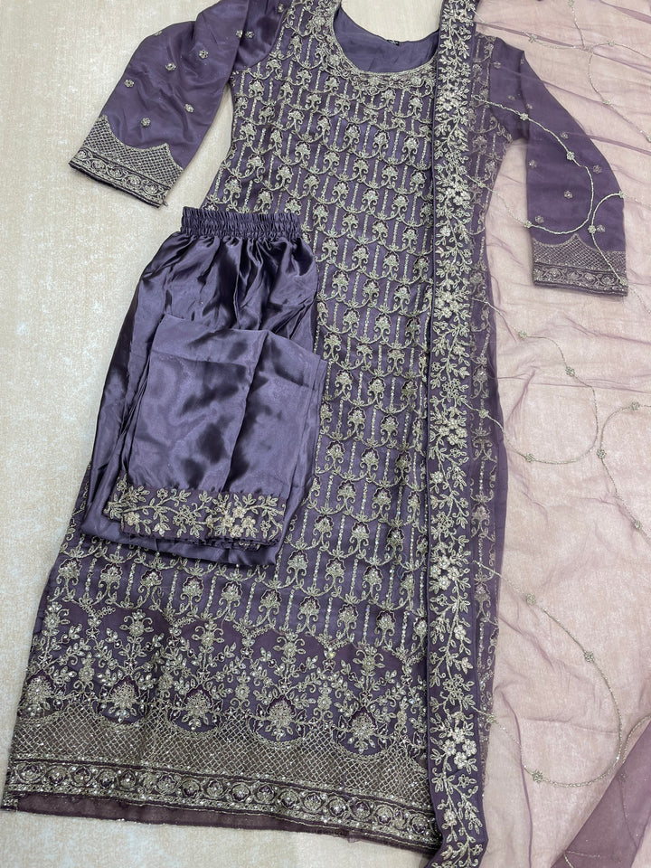 Areesh – Lavender Net Embroidered Shalwar Kameez with Satin Trousers – 3 Pcs
