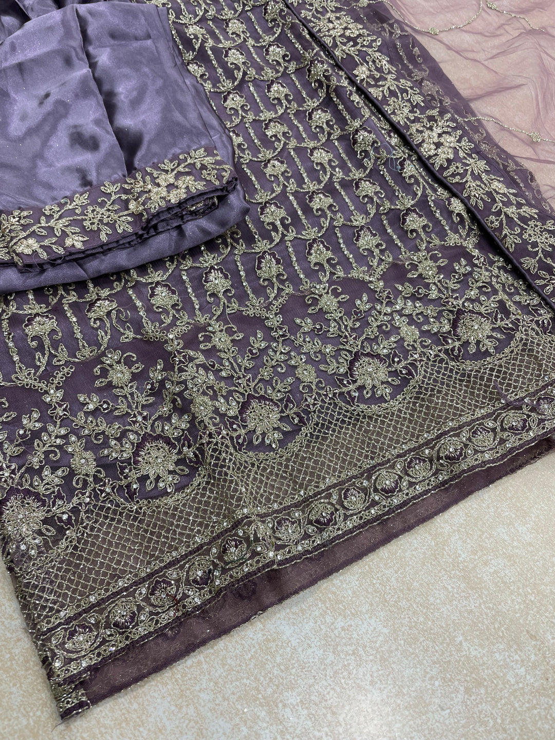 Areesh – Lavender Net Embroidered Shalwar Kameez with Satin Trousers – 3 Pcs