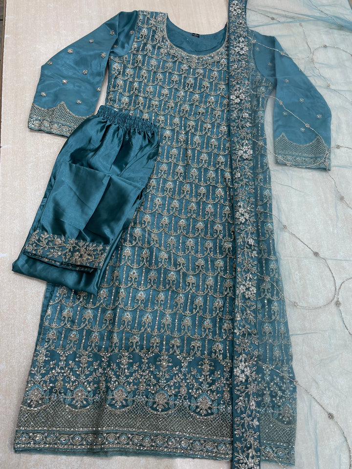 Areesh – Teal Net Embroidered Shalwar Kameez with Satin Trousers – 3 Pcs