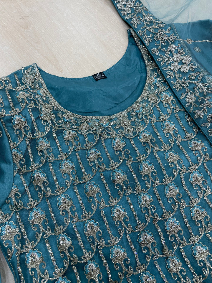 Areesh – Teal Net Embroidered Shalwar Kameez with Satin Trousers – 3 Pcs