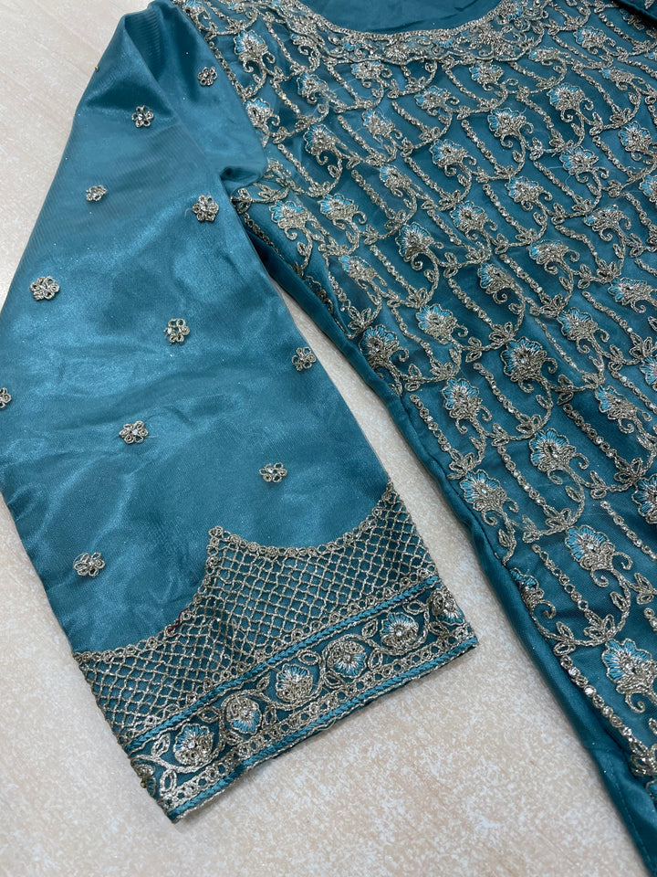 Areesh – Teal Net Embroidered Shalwar Kameez with Satin Trousers – 3 Pcs