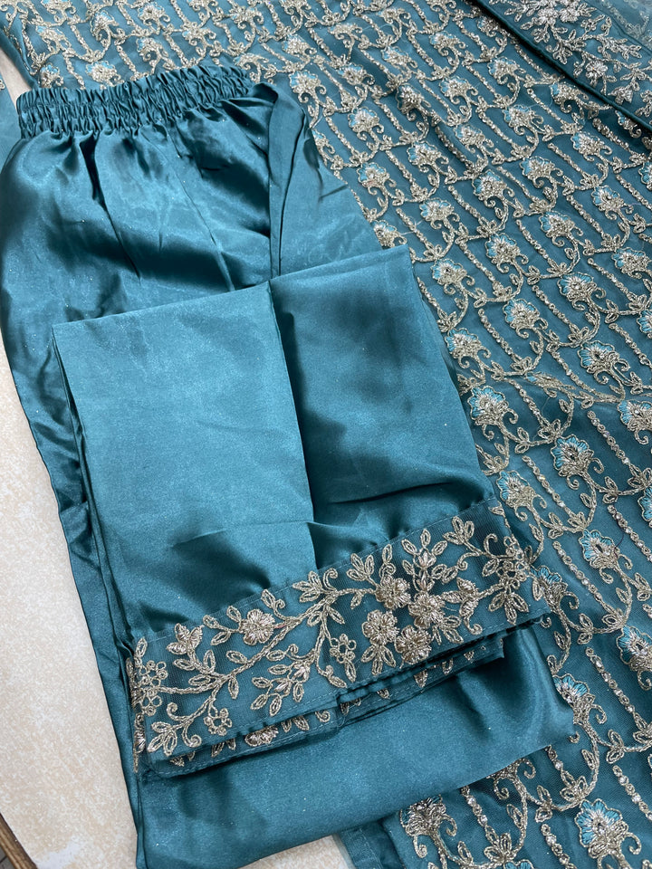 Areesh – Teal Net Embroidered Shalwar Kameez with Satin Trousers – 3 Pcs