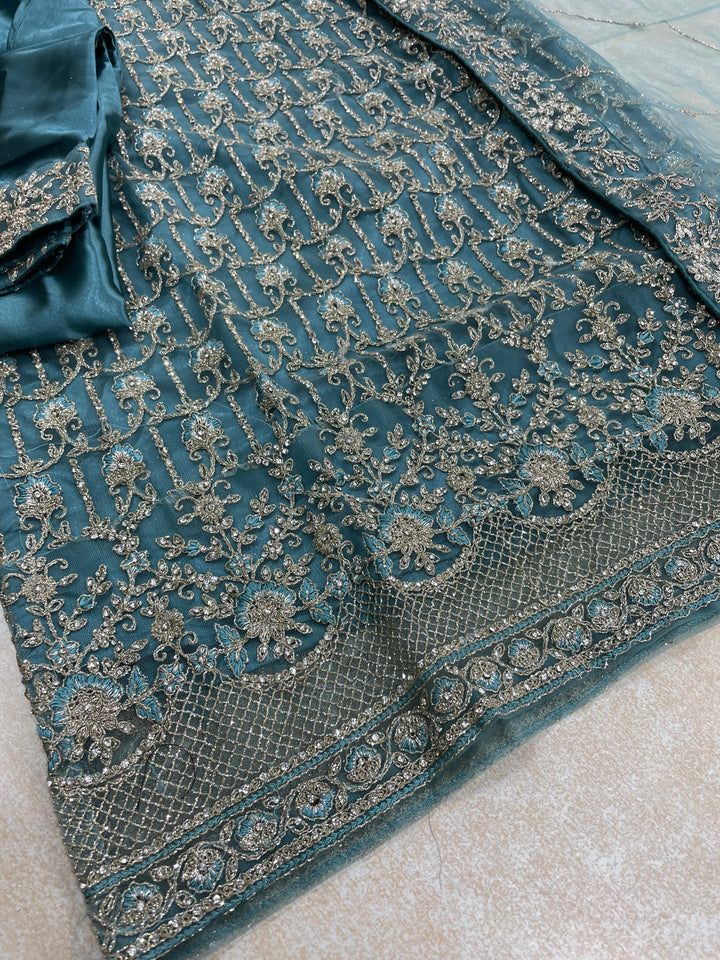 Areesh – Teal Net Embroidered Shalwar Kameez with Satin Trousers – 3 Pcs