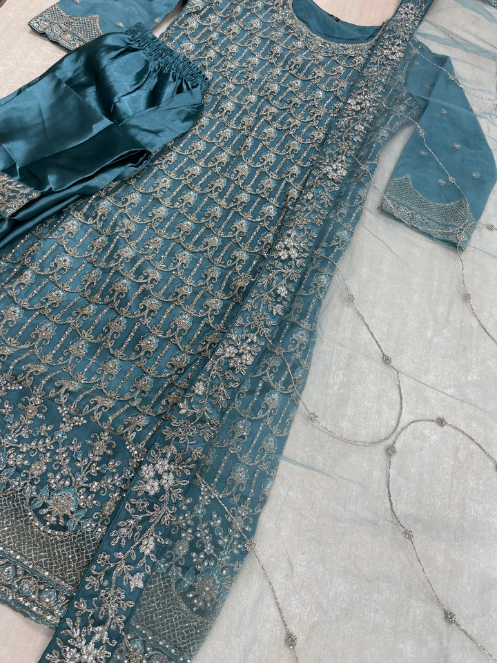 Areesh – Teal Net Embroidered Shalwar Kameez with Satin Trousers – 3 Pcs