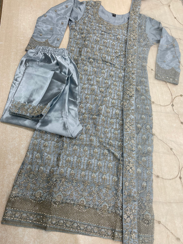 Areesha – Sky Blue Net Embroidered Shalwar Kameez with Satin Trousers – 3 Pcs