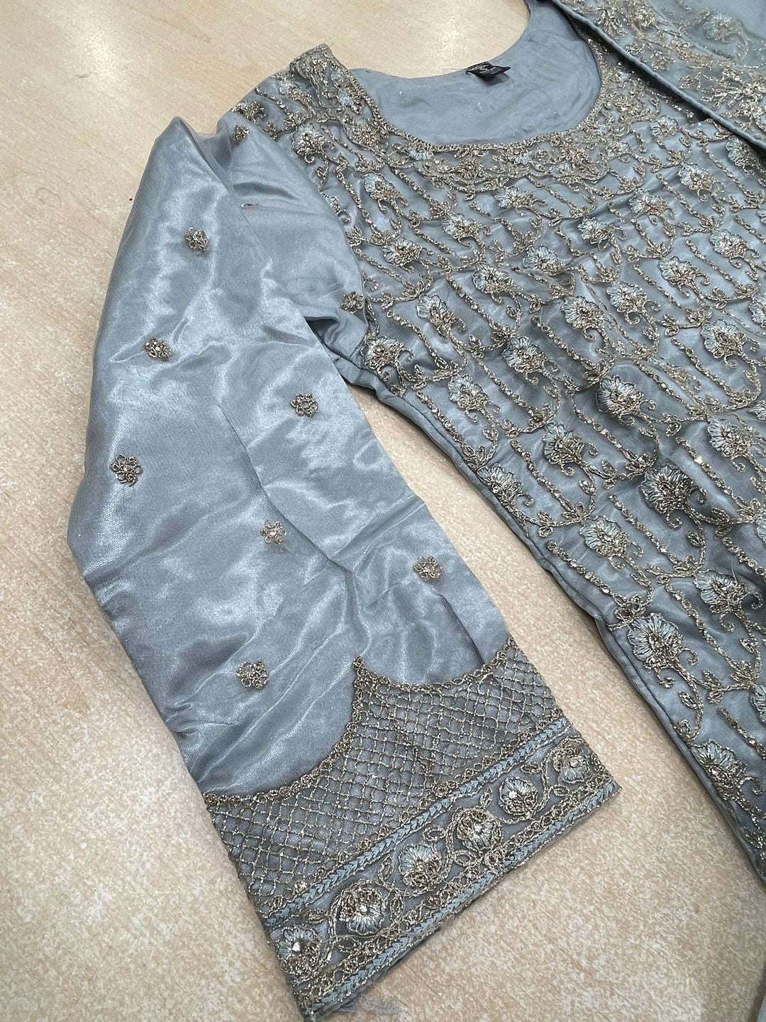 Areesha – Sky Blue Net Embroidered Shalwar Kameez with Satin Trousers – 3 Pcs