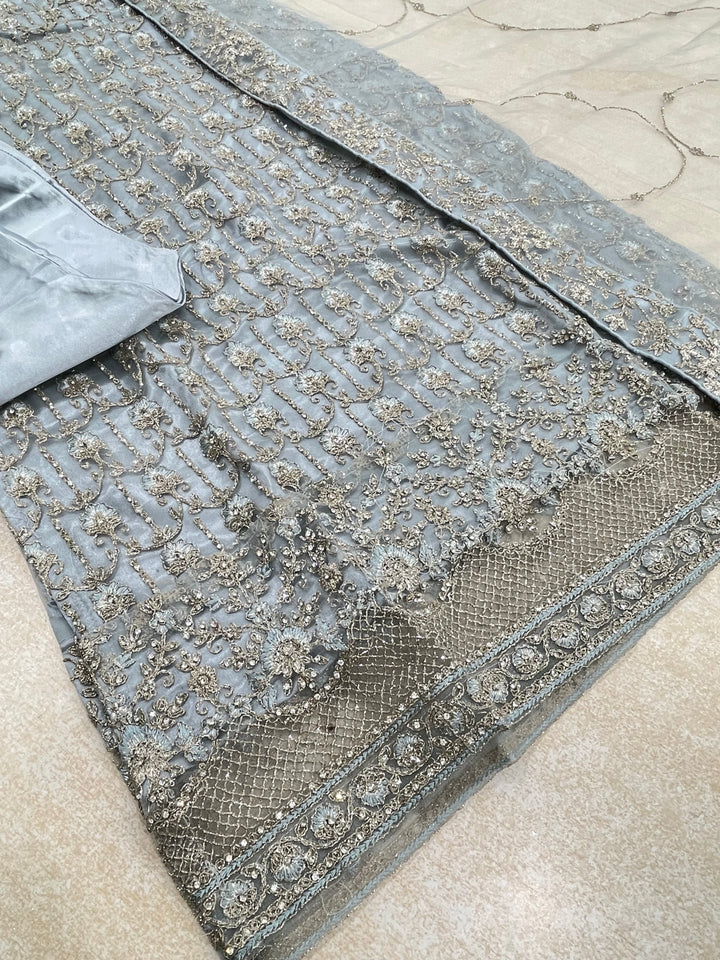 Areesha – Sky Blue Net Embroidered Shalwar Kameez with Satin Trousers – 3 Pcs