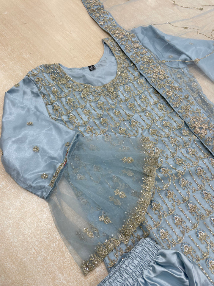 Areesha – Sky Net Embroidered Shalwar Kameez with bell sleeves - Satin Trousers – 3 Pcs